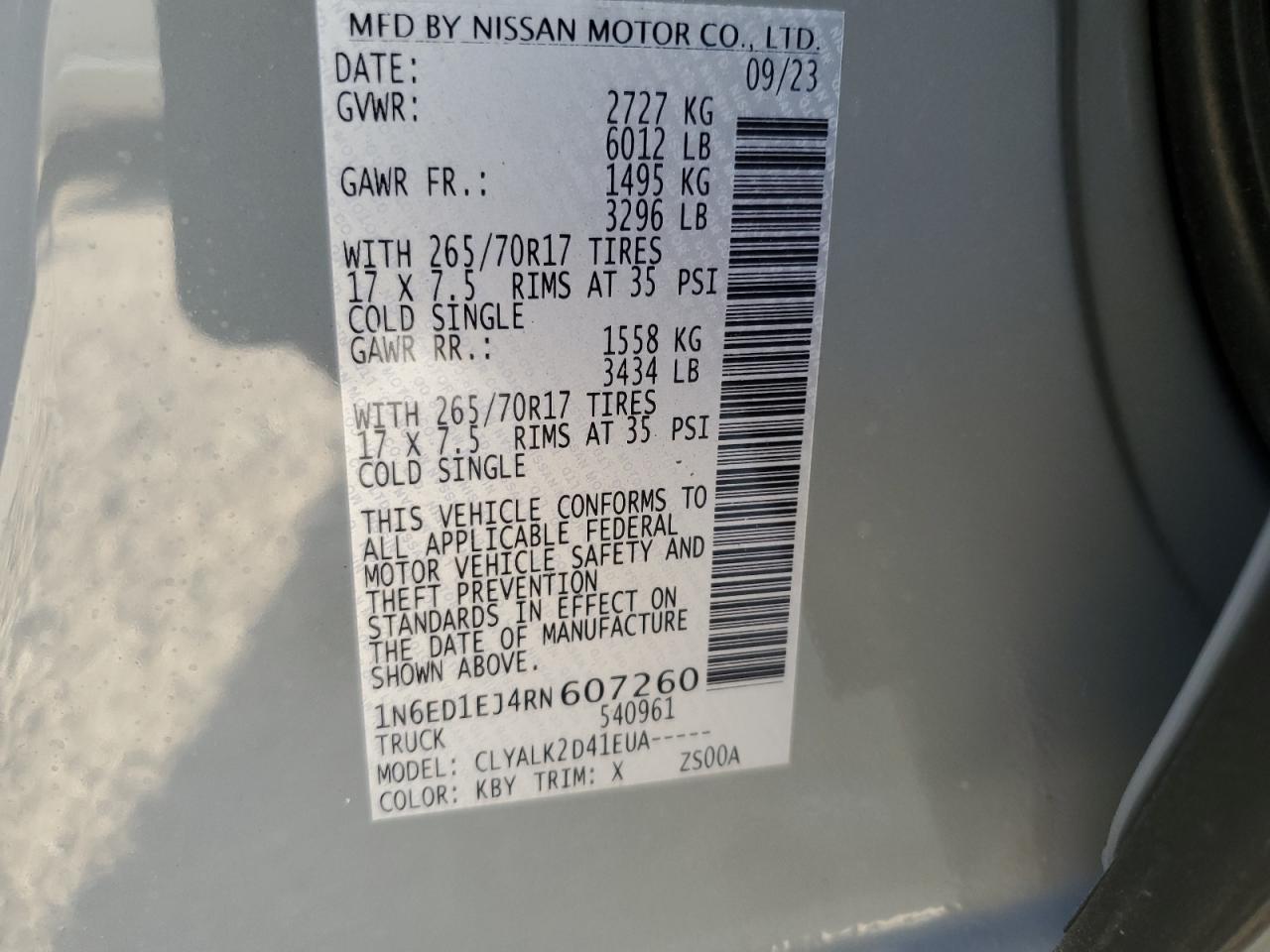 2024 NISSAN FRONTIER S VIN:1N6ED1EJ4RN607260