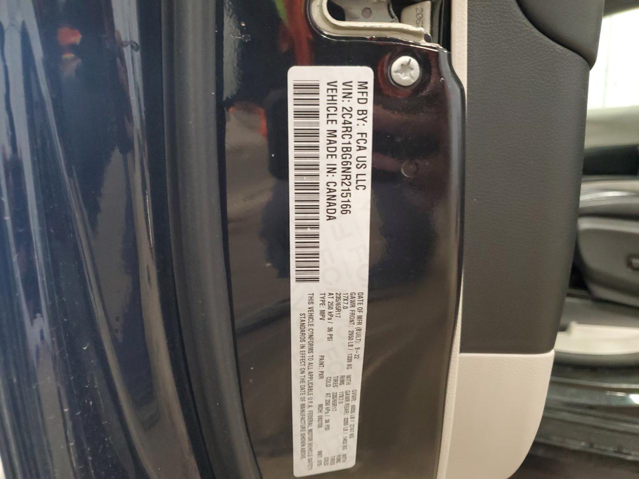 2022 CHRYSLER PACIFICA TOURING L VIN:2C4RC1BG6NR215166