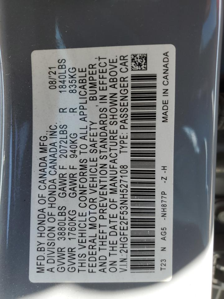 2022 HONDA CIVIC SPORT VIN:2HGFE2F53NH527108