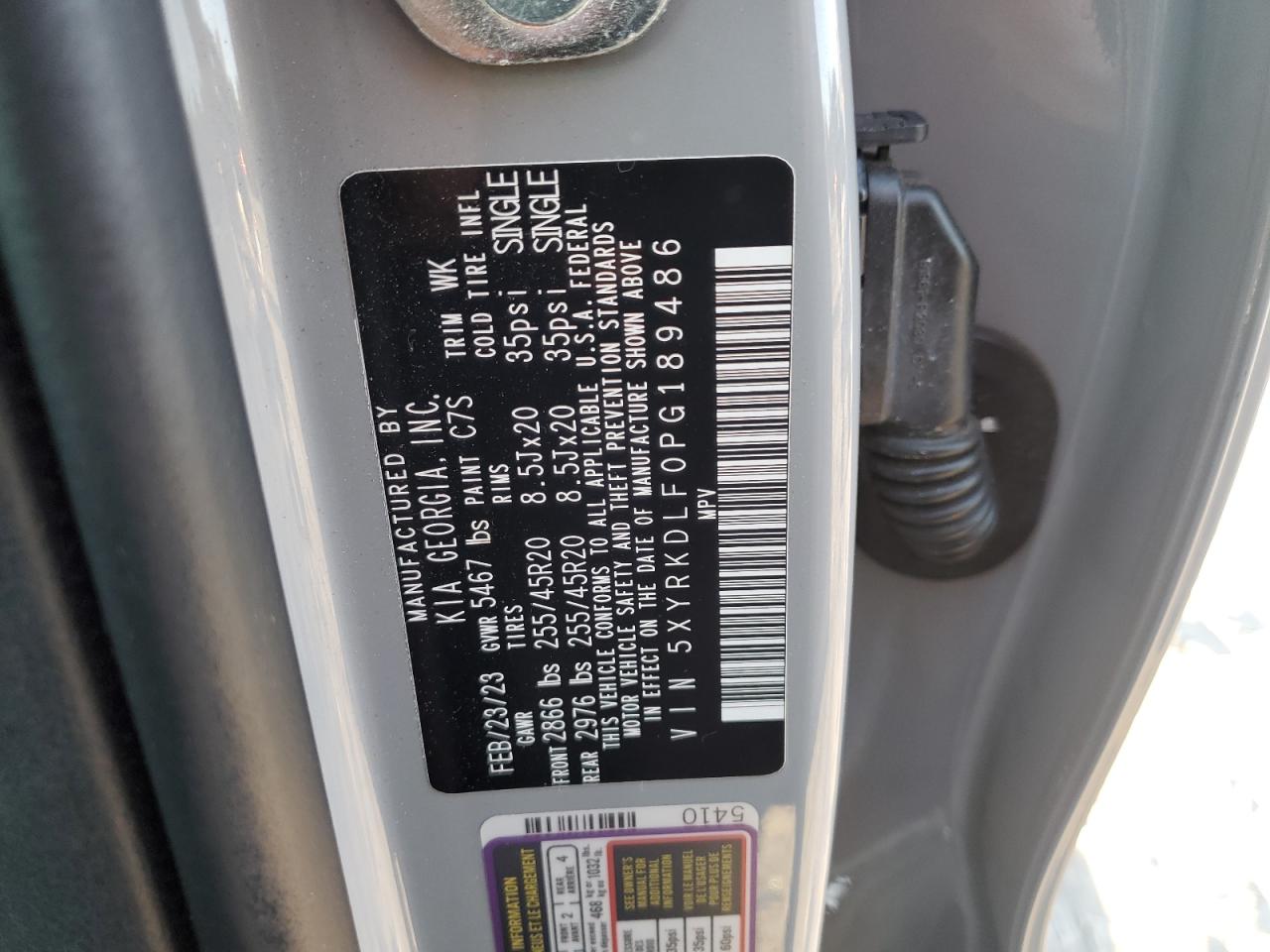 2023 KIA SORENTO SX VIN:5XYRKDLF0PG189486