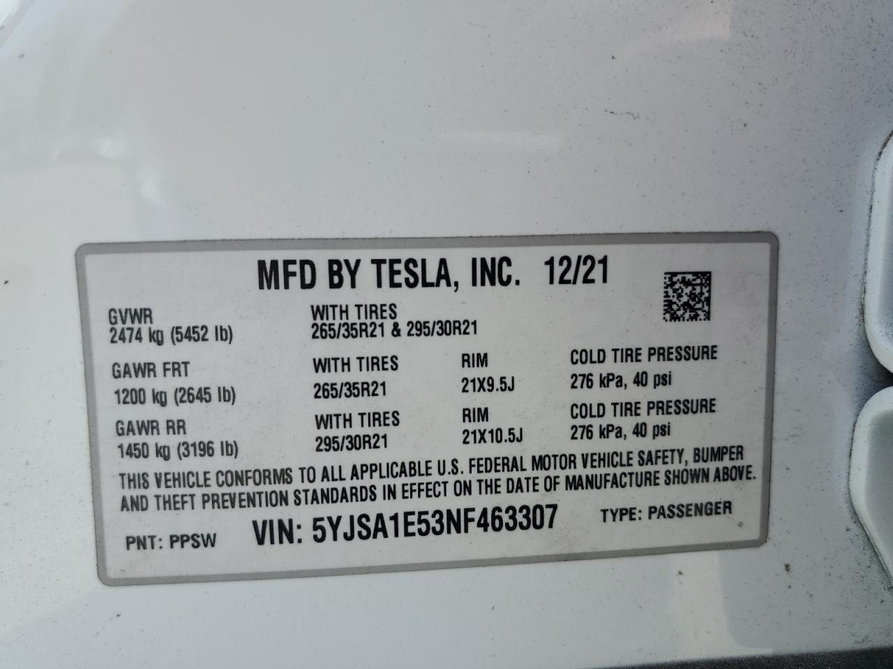 2022 TESLA MODEL S  VIN:5YJSA1E53NF463307