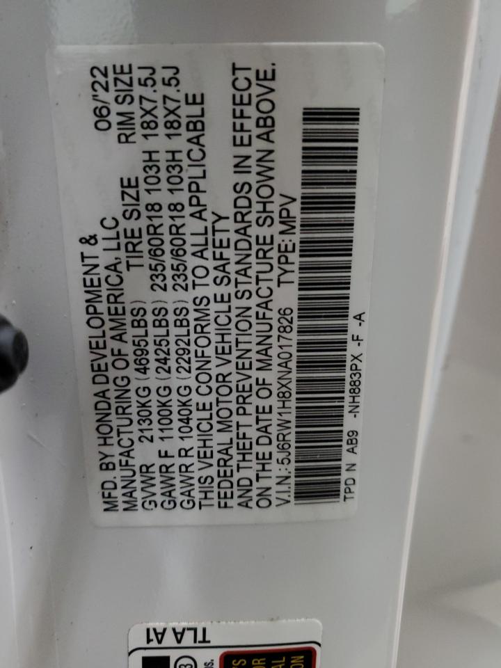 2022 HONDA CR-V EXL VIN:5J6RW1H8XNA017826