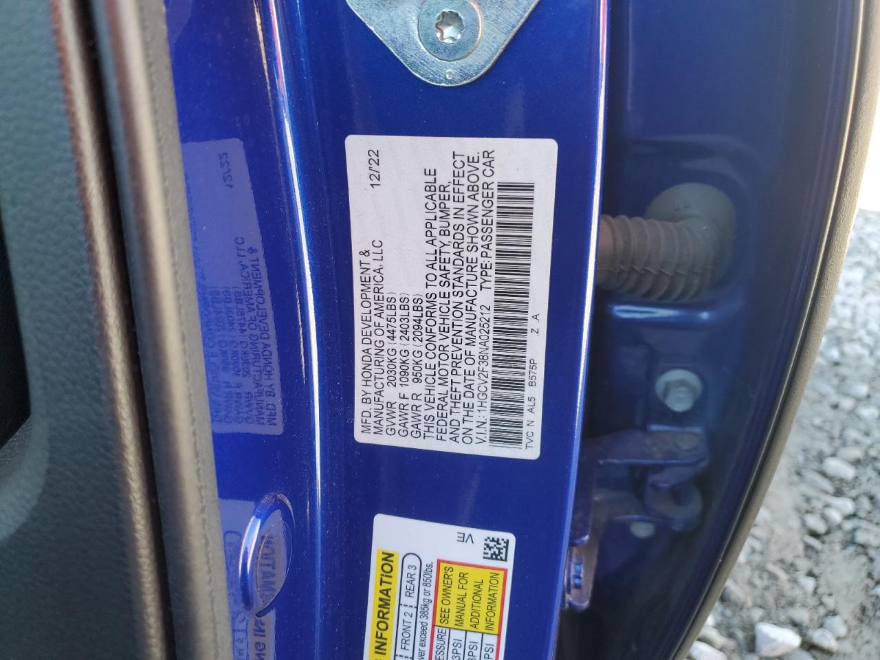 2022 HONDA ACCORD SPORT VIN:1HGCV2F38NA025212