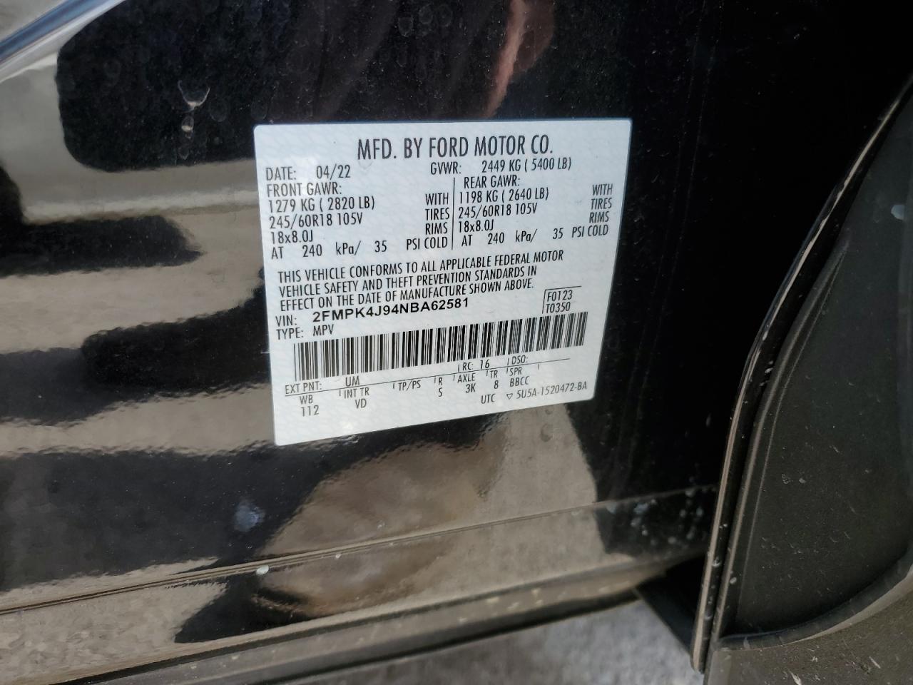 2022 FORD EDGE SEL VIN:2FMPK4J94NBA62581