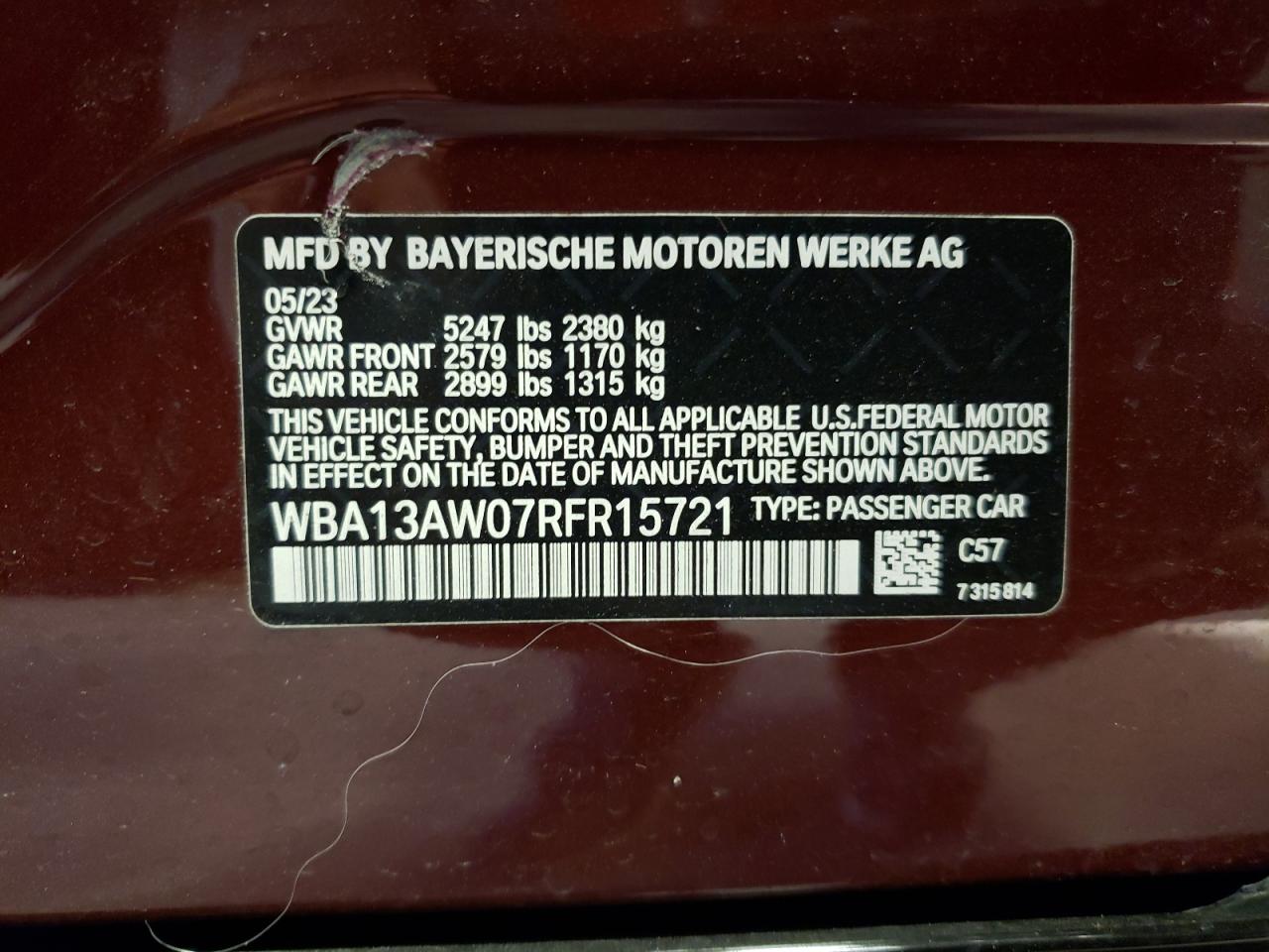 2024 BMW M440XI GRAN COUPE VIN:WBA13AW07RFR15721