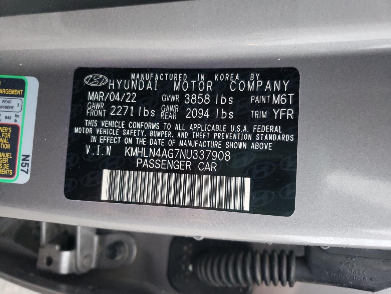 2022 HYUNDAI ELANTRA SEL VIN:KMHLN4AG7NU337908