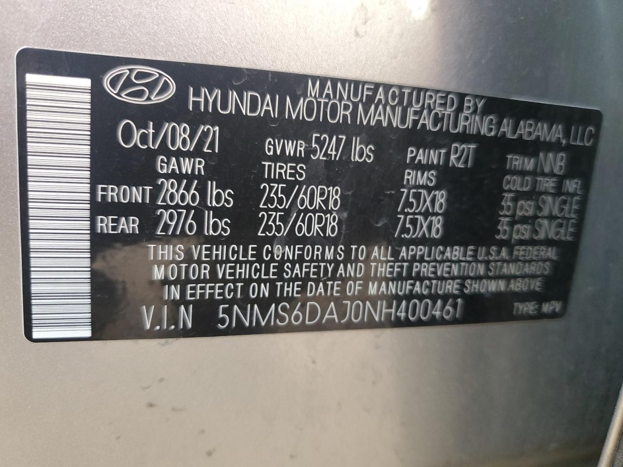 2022 HYUNDAI SANTA FE SEL VIN:5NMS6DAJ0NH400461