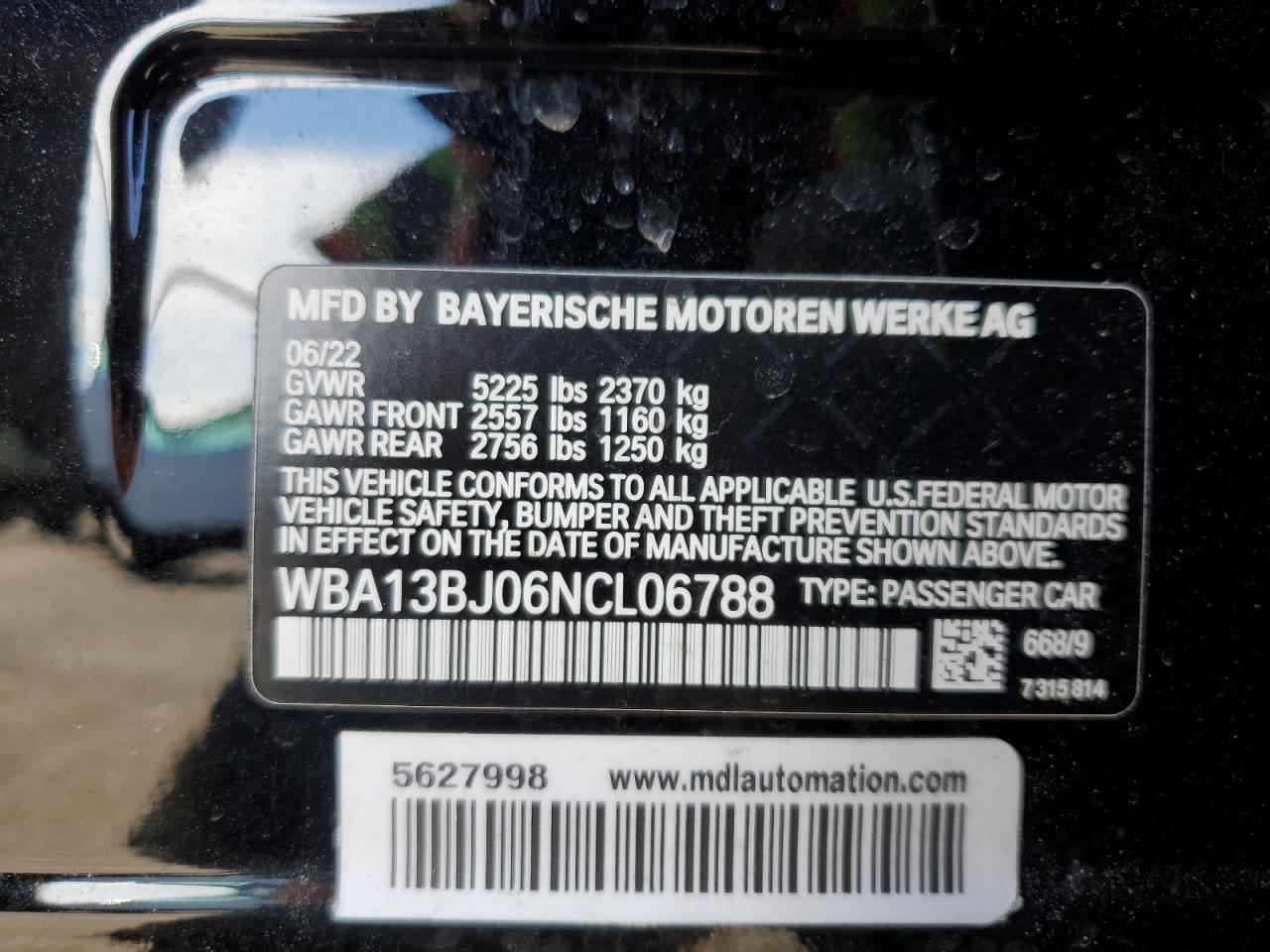 2022 BMW 530 XI VIN:WBA13BJ06NCL06788