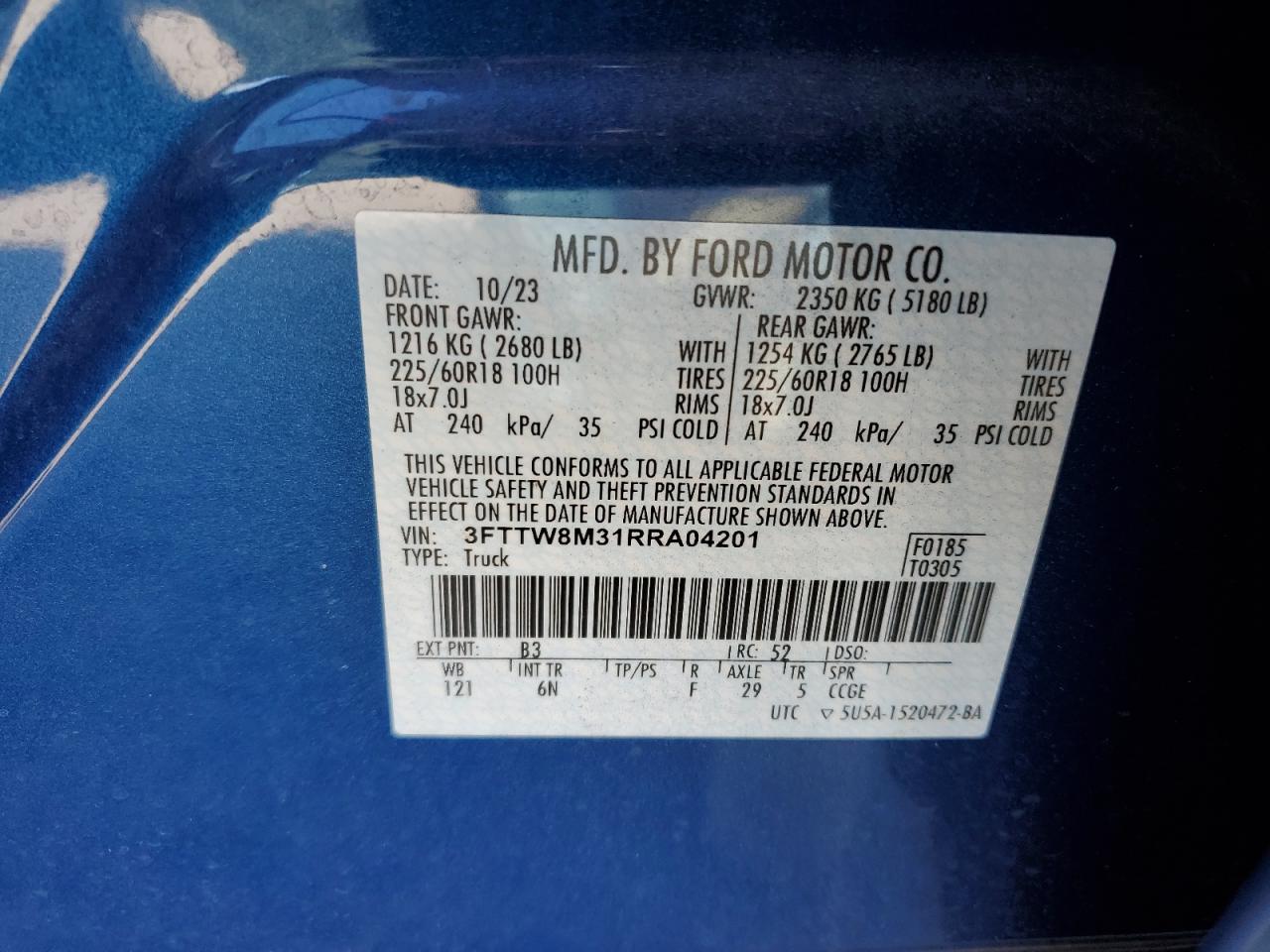 2024 FORD MAVERICK LARIAT VIN:3FTTW8M31RRA04201