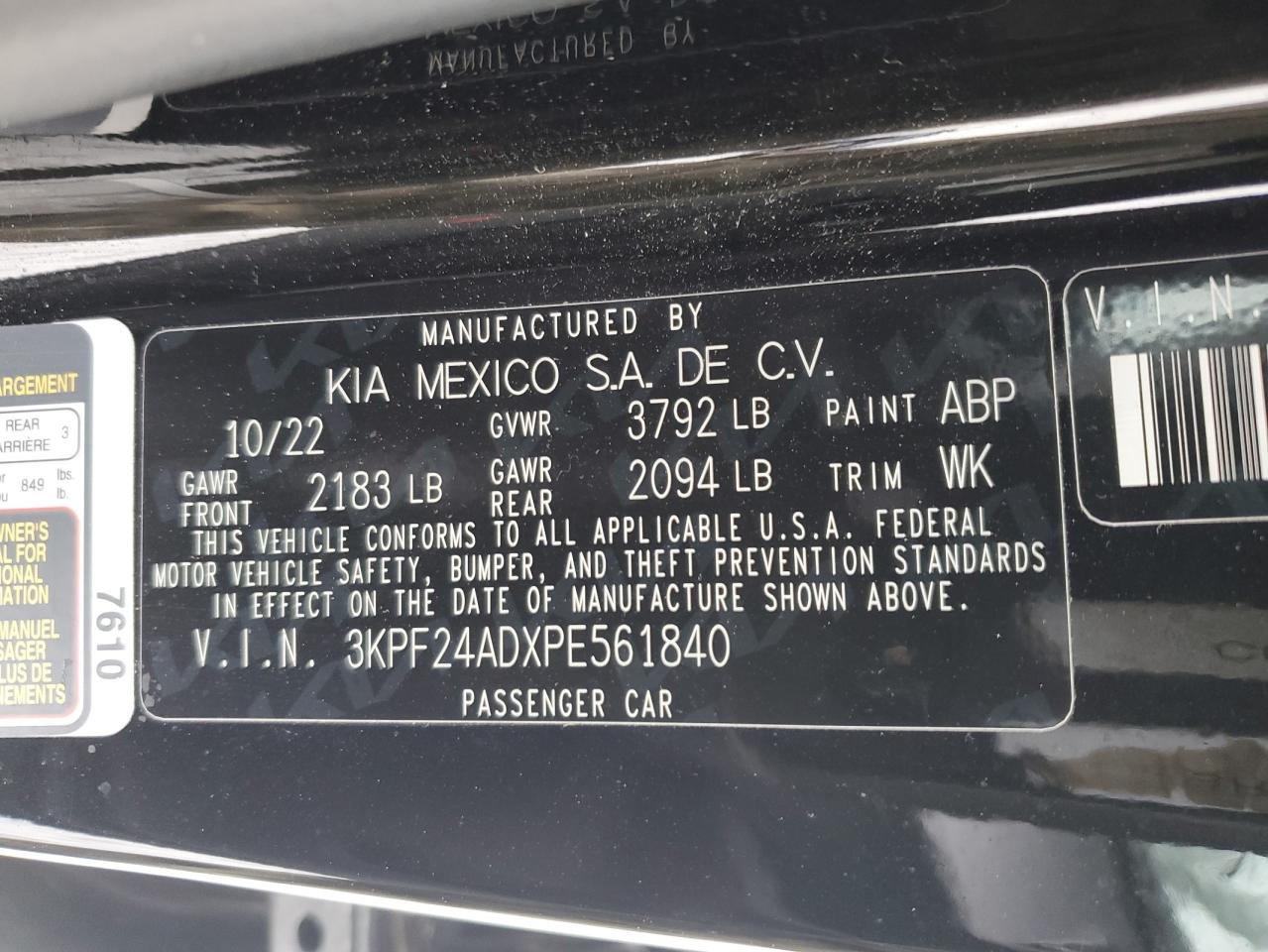 2023 KIA FORTE LX VIN:3KPF24ADXPE561840