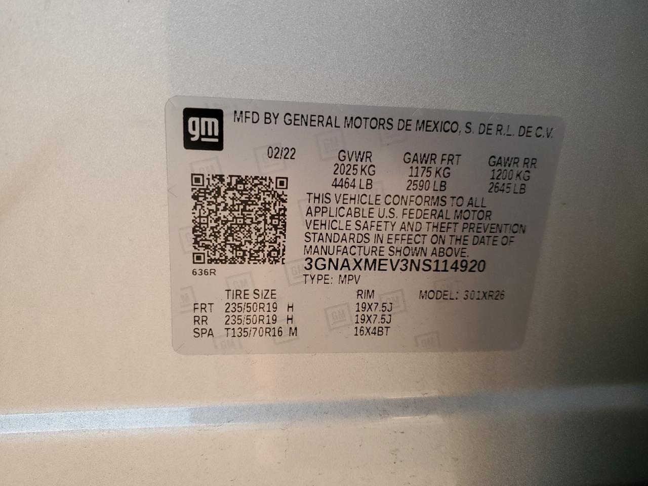 2022 CHEVROLET EQUINOX RS VIN:3GNAXMEV3NS114920