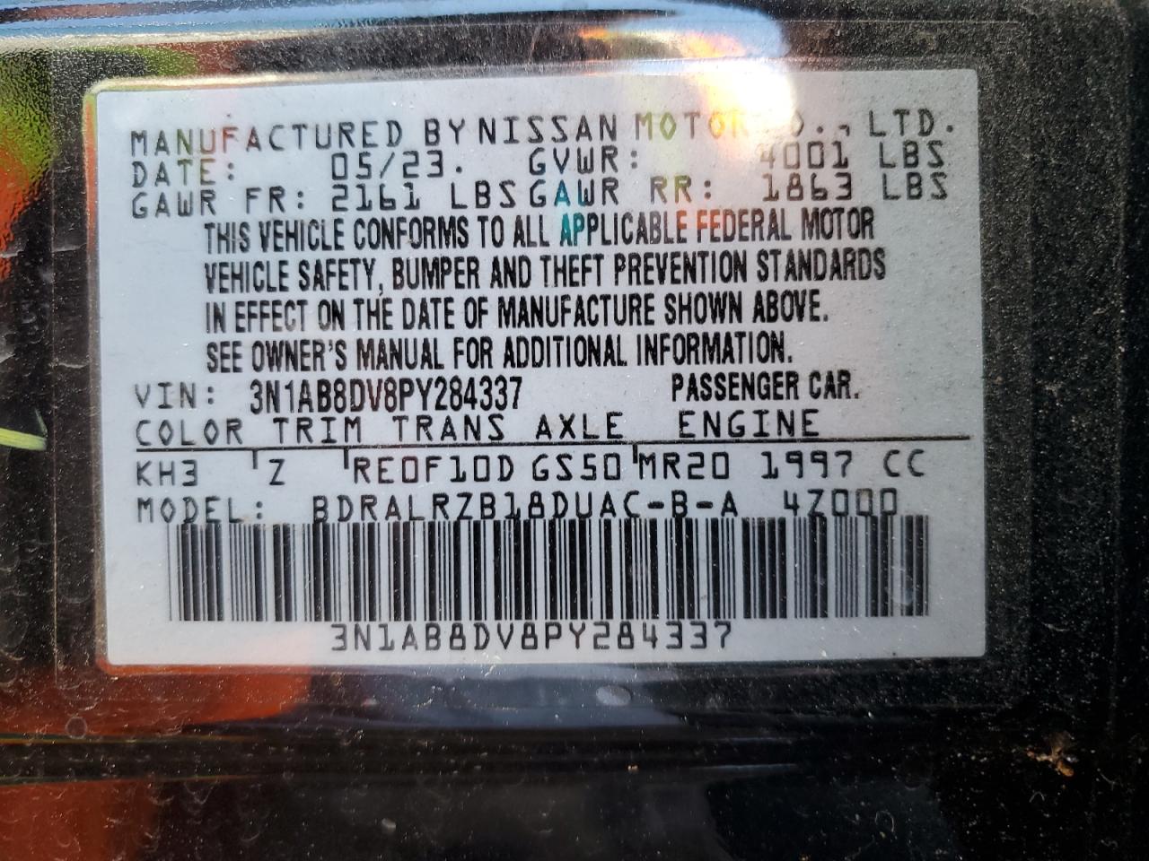 2023 NISSAN SENTRA SR VIN:3N1AB8DV8PY284337