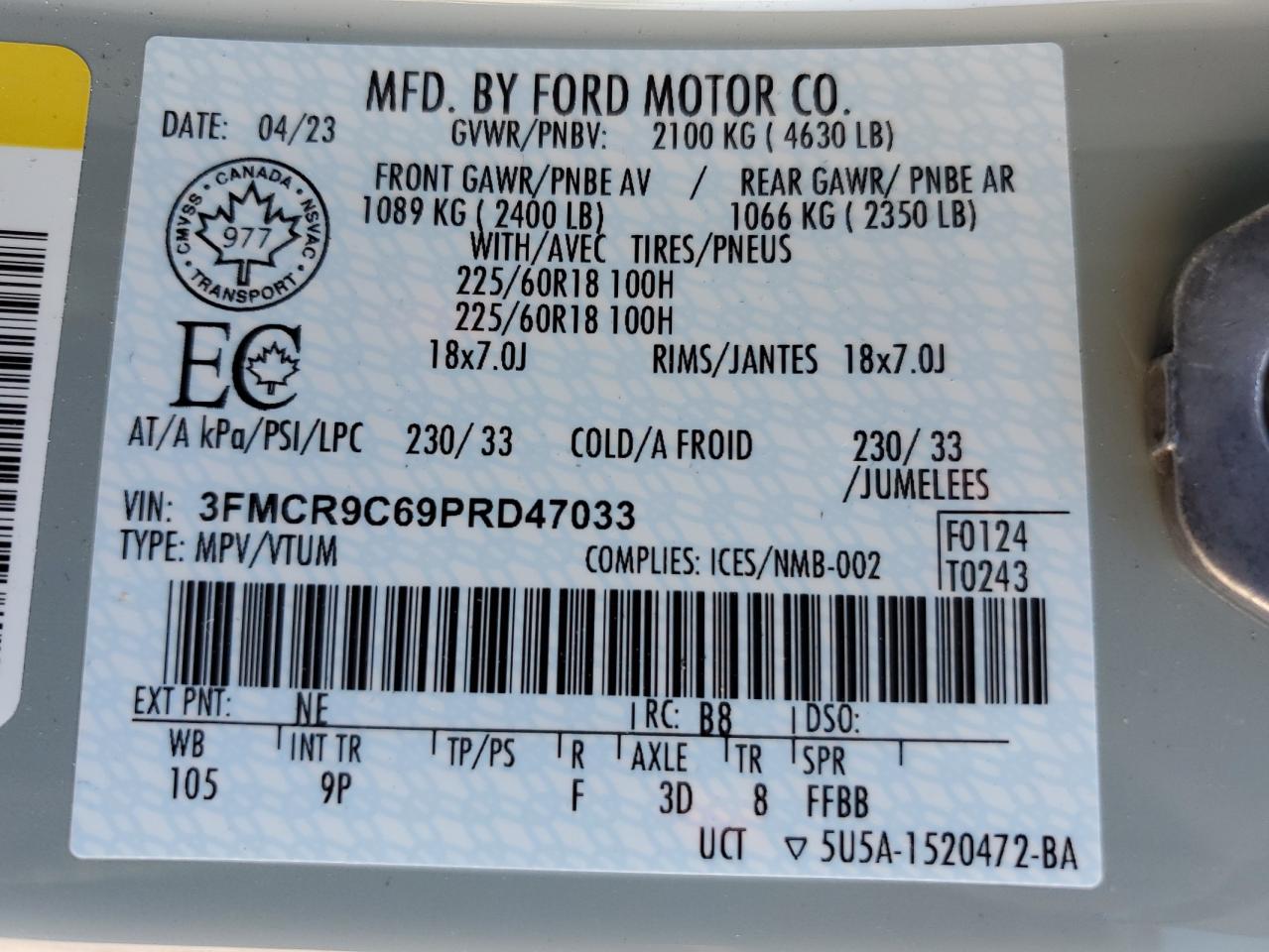 2023 FORD BRONCO SPORT OUTER BANKS VIN:3FMCR9C69PRD47033