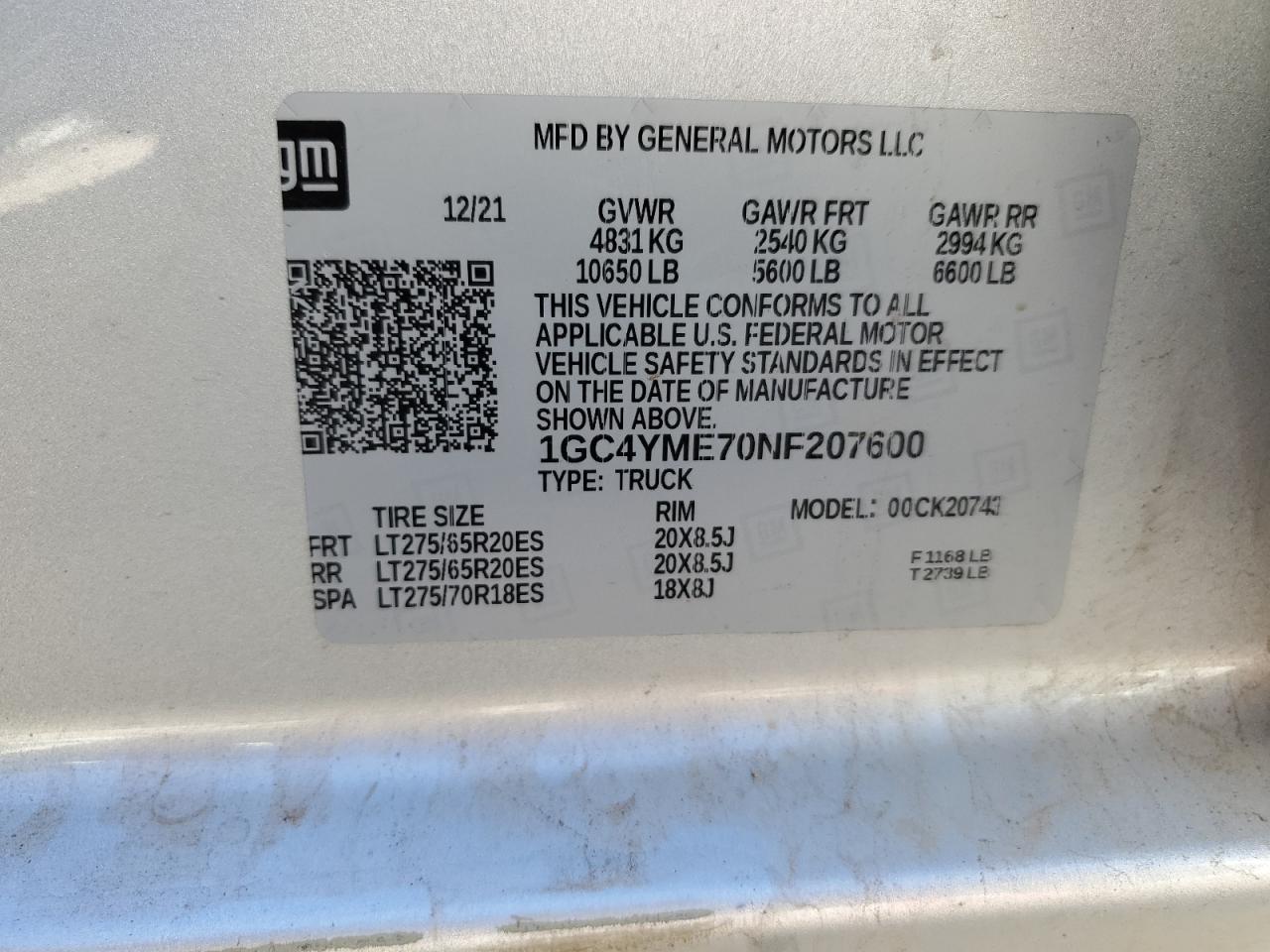 2022 CHEVROLET SILVERADO K2500 CUSTOM VIN:1GC4YME70NF207600