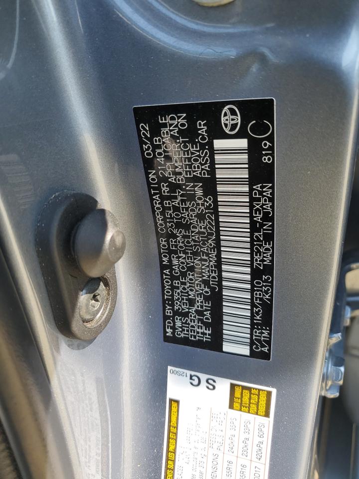 2022 TOYOTA COROLLA LE VIN:JTDEPMAE9NJ222136