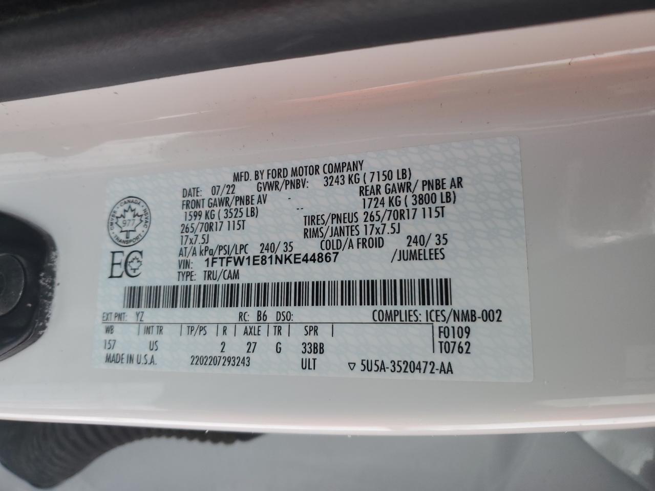 2022 FORD F150 SUPERCREW VIN:1FTFW1E81NKE44867