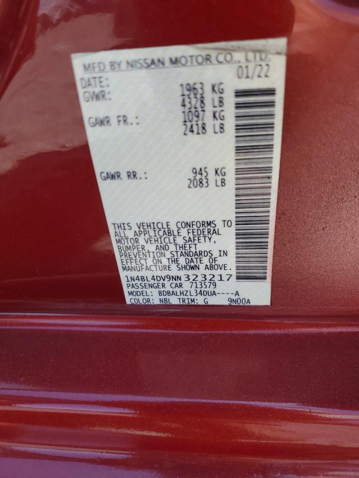 2022 NISSAN ALTIMA SV VIN:1N4BL4DV9NN323217