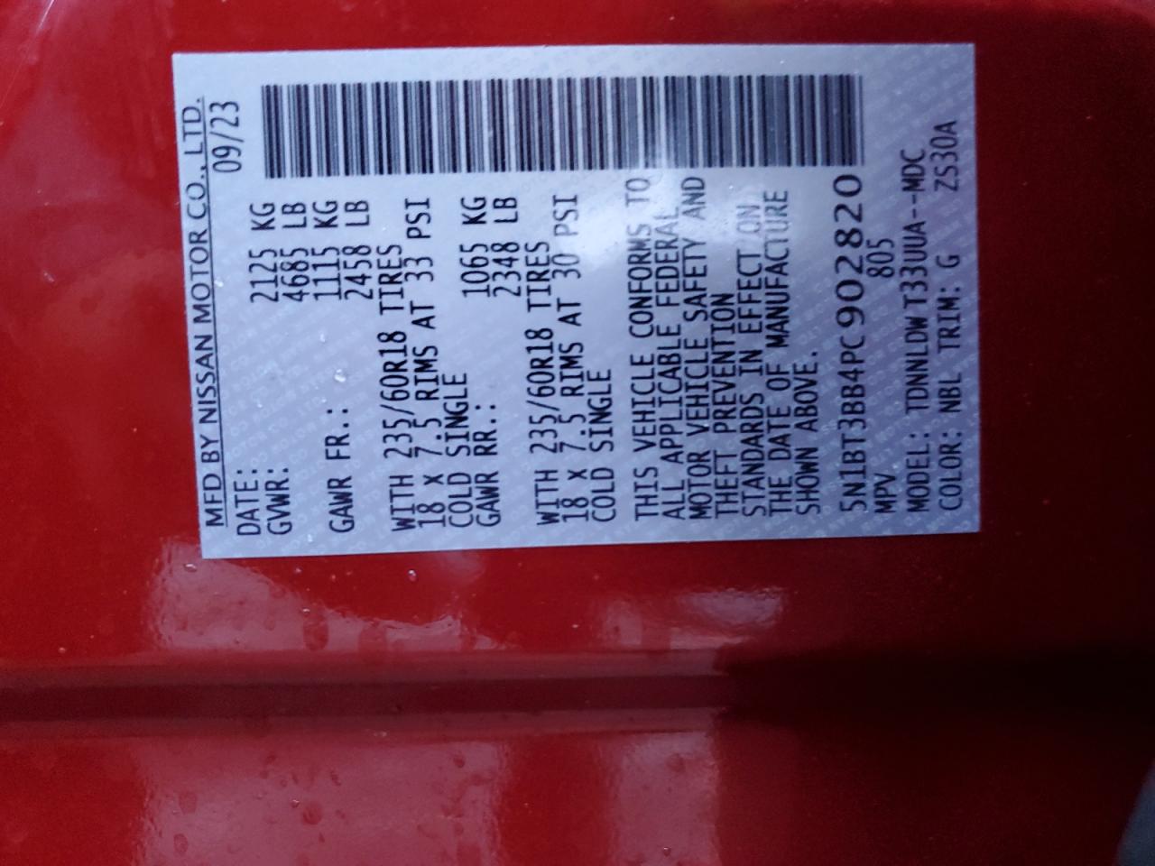 2023 NISSAN ROGUE SV VIN:5N1BT3BB4PC902820