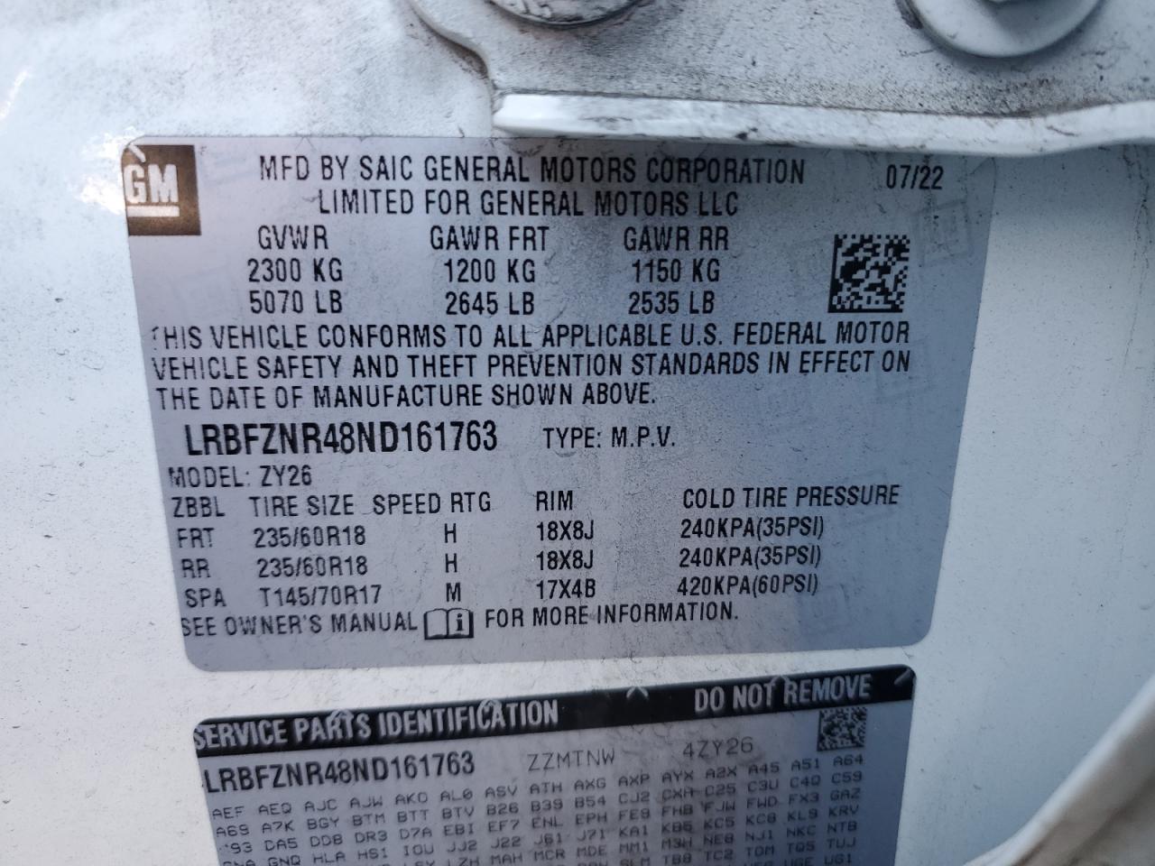 2022 BUICK ENVISION ESSENCE VIN:LRBFZNR48ND161763