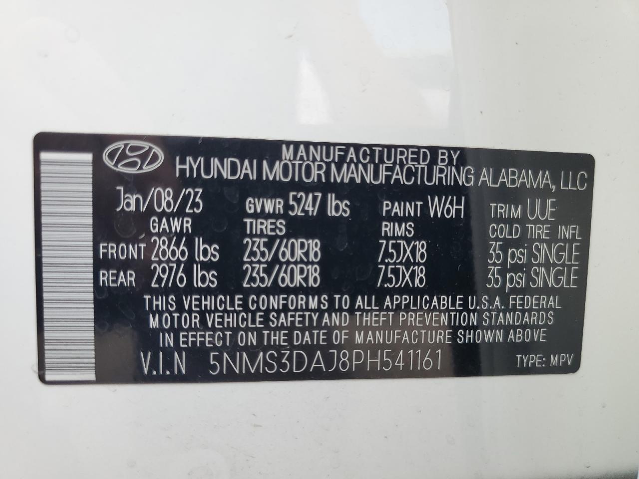 2023 HYUNDAI SANTA FE SEL PREMIUM VIN:WP0AA2A8XNS255297