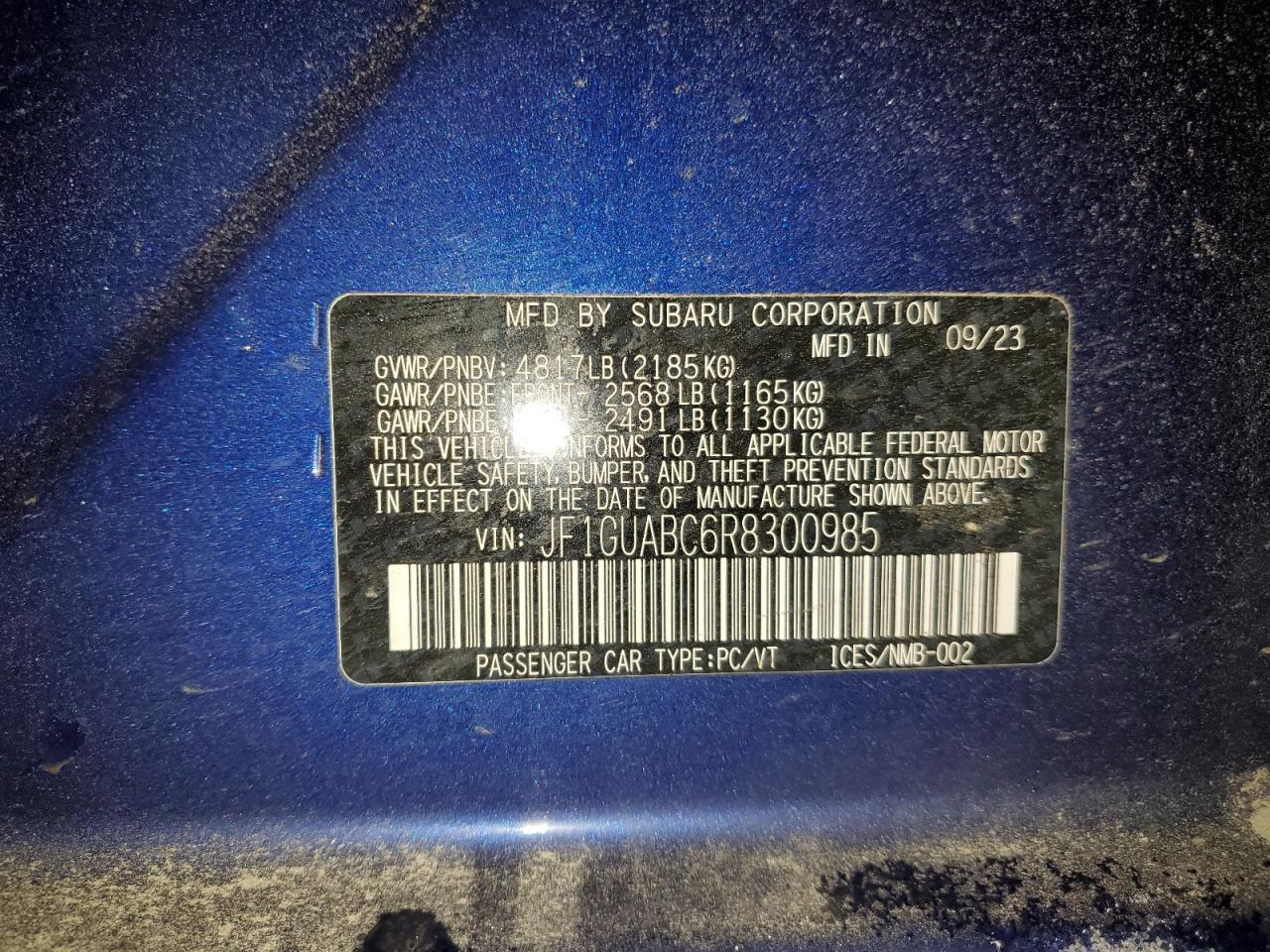 2024 SUBARU IMPREZA  VIN:JF1GUABC6R8300985