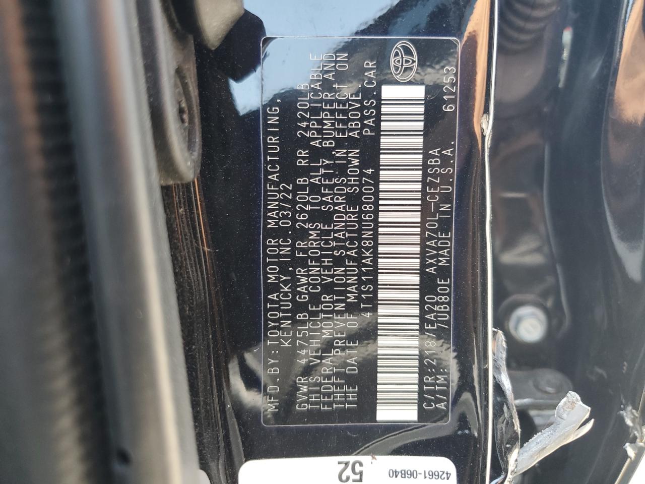 2022 TOYOTA CAMRY NIGHT SHADE VIN:4T1S11AK8NU680074