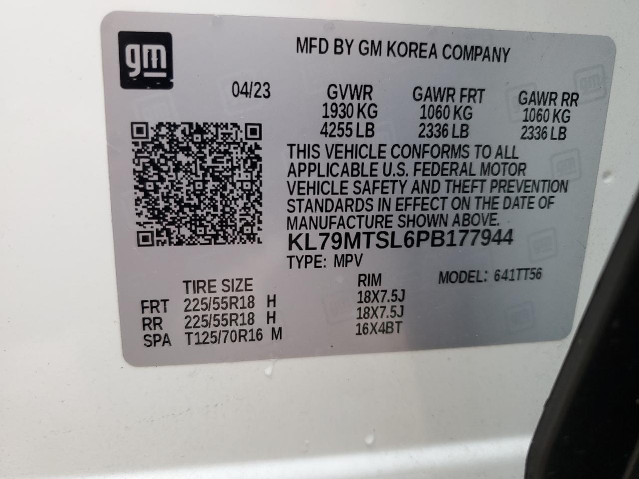 2023 CHEVROLET TRAILBLAZER RS VIN:KL79MTSL6PB177944