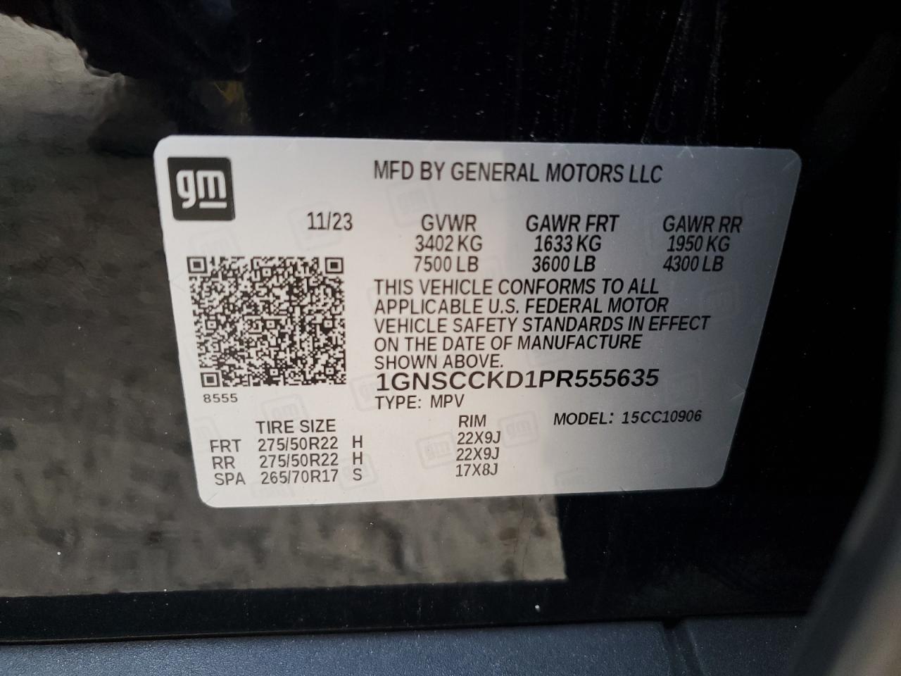 2023 CHEVROLET SUBURBAN C1500 LT VIN:1GNSCCKD1PR555635