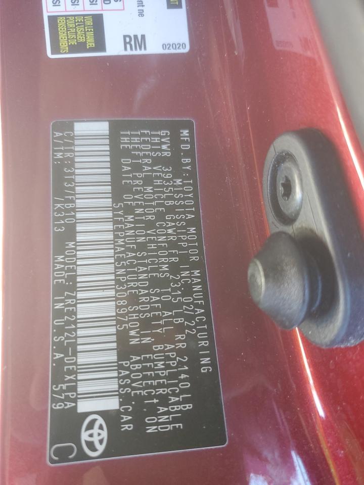 2022 TOYOTA COROLLA LE VIN:5YFEPMAE5NP308975