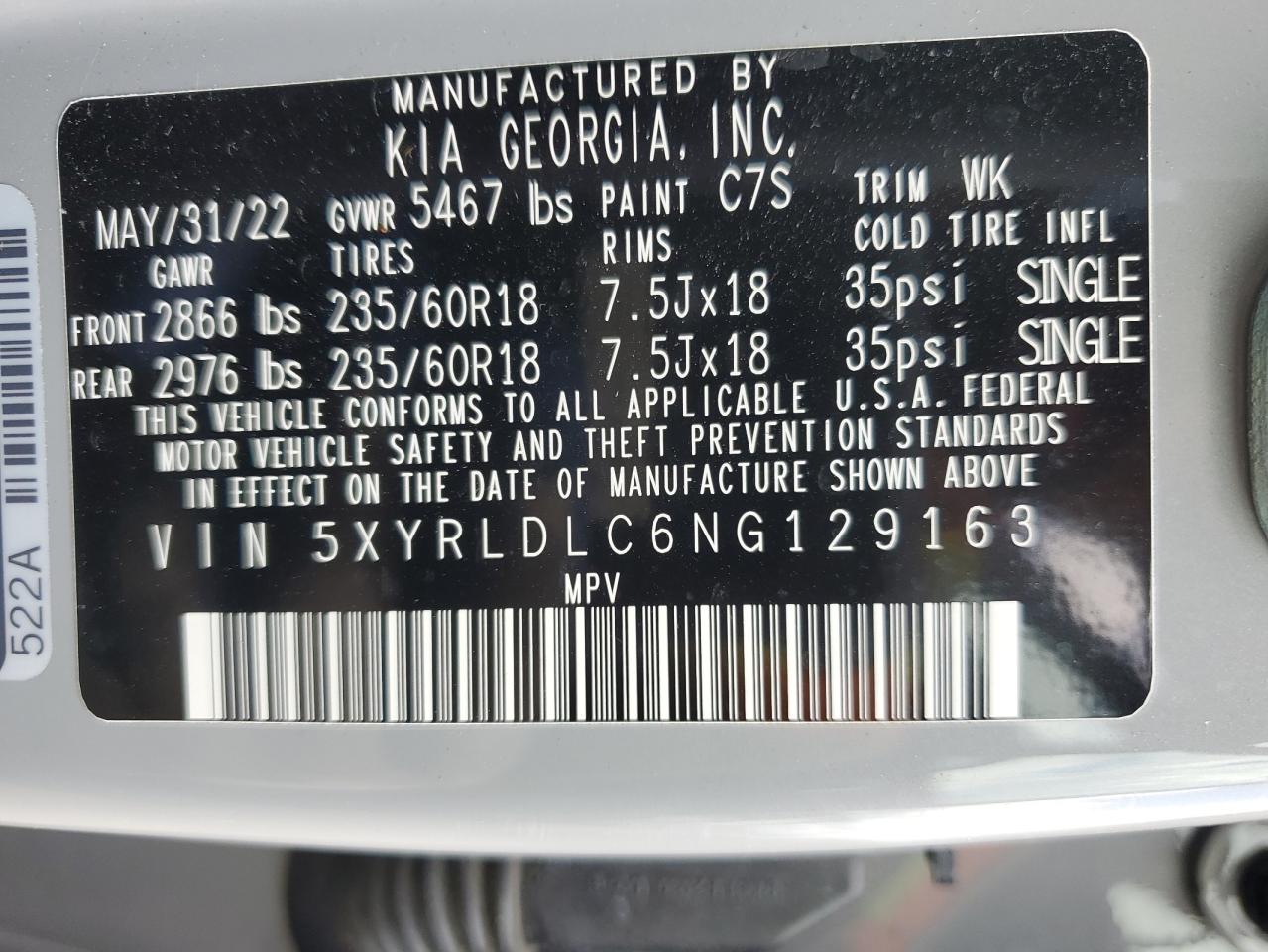 2022 KIA SORENTO S VIN:5XYRLDLC6NG129163