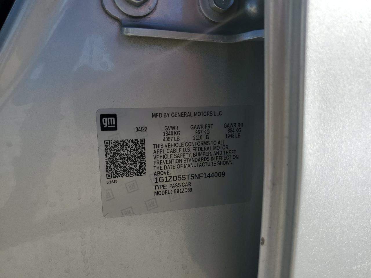 2022 CHEVROLET MALIBU LT VIN:1G1ZD5ST5NF144009