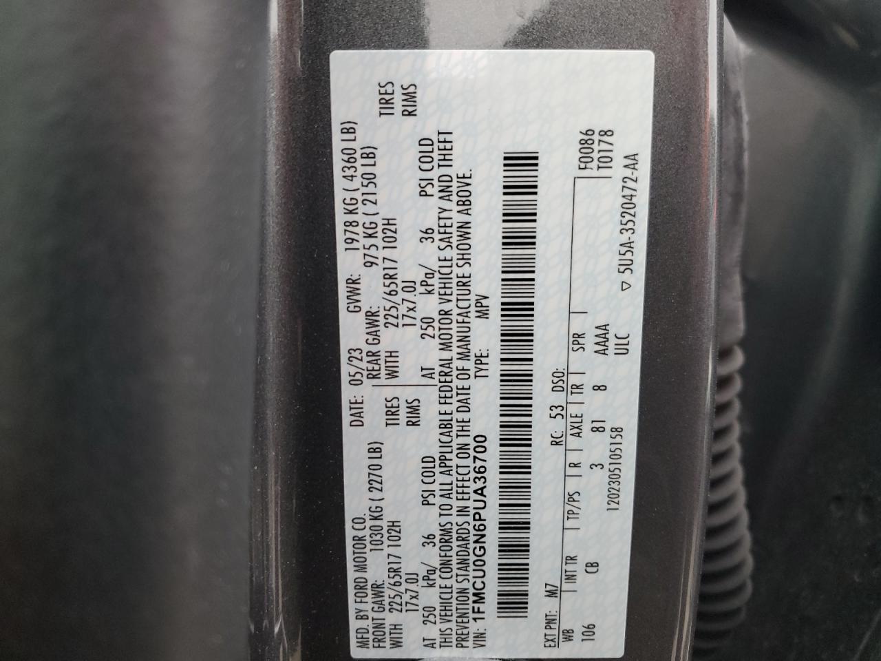 2023 FORD ESCAPE ACTIVE VIN:1FMCU0GN6PUA36700