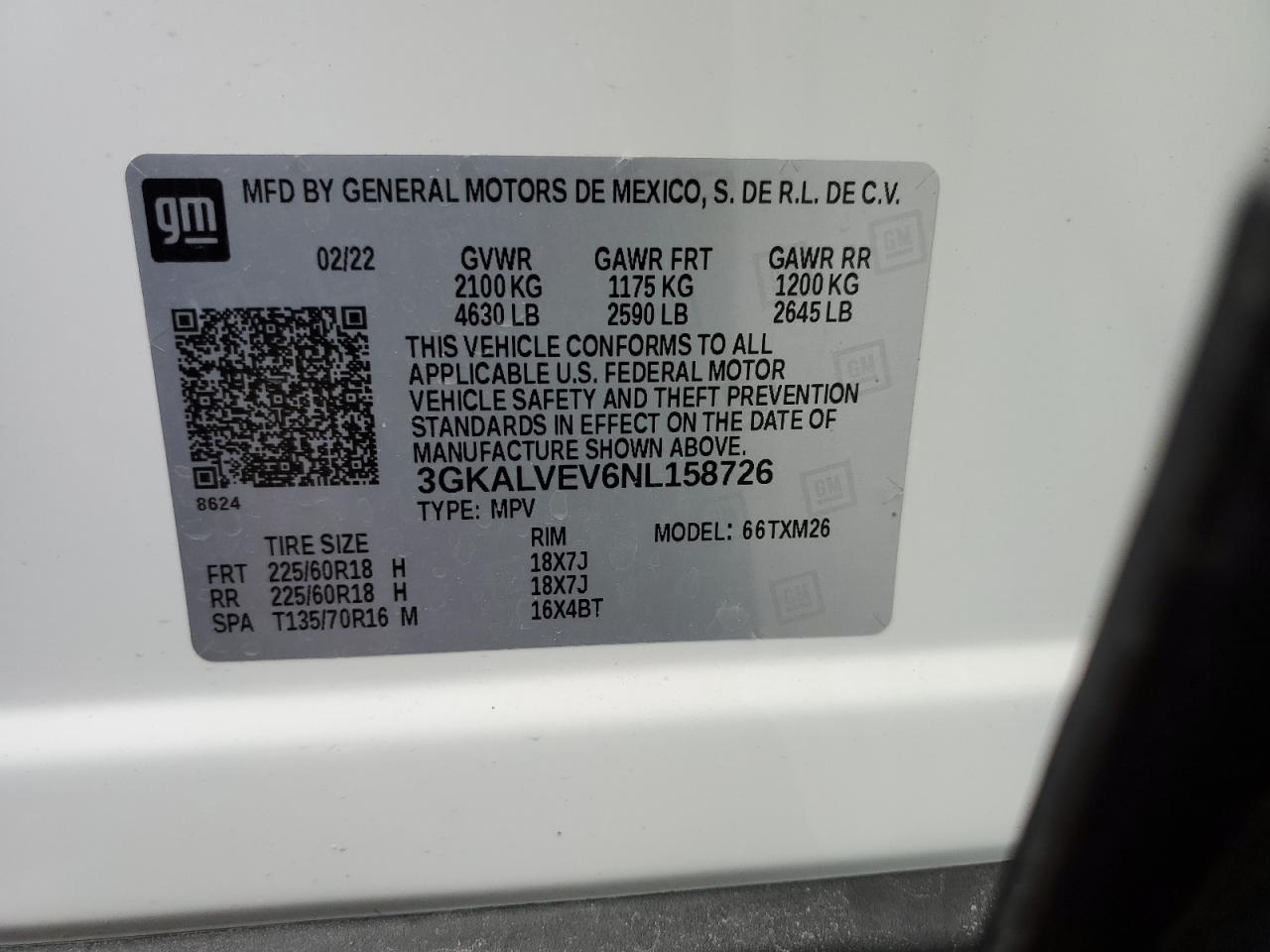2022 GMC TERRAIN SLT VIN:3GKALVEV6NL158726