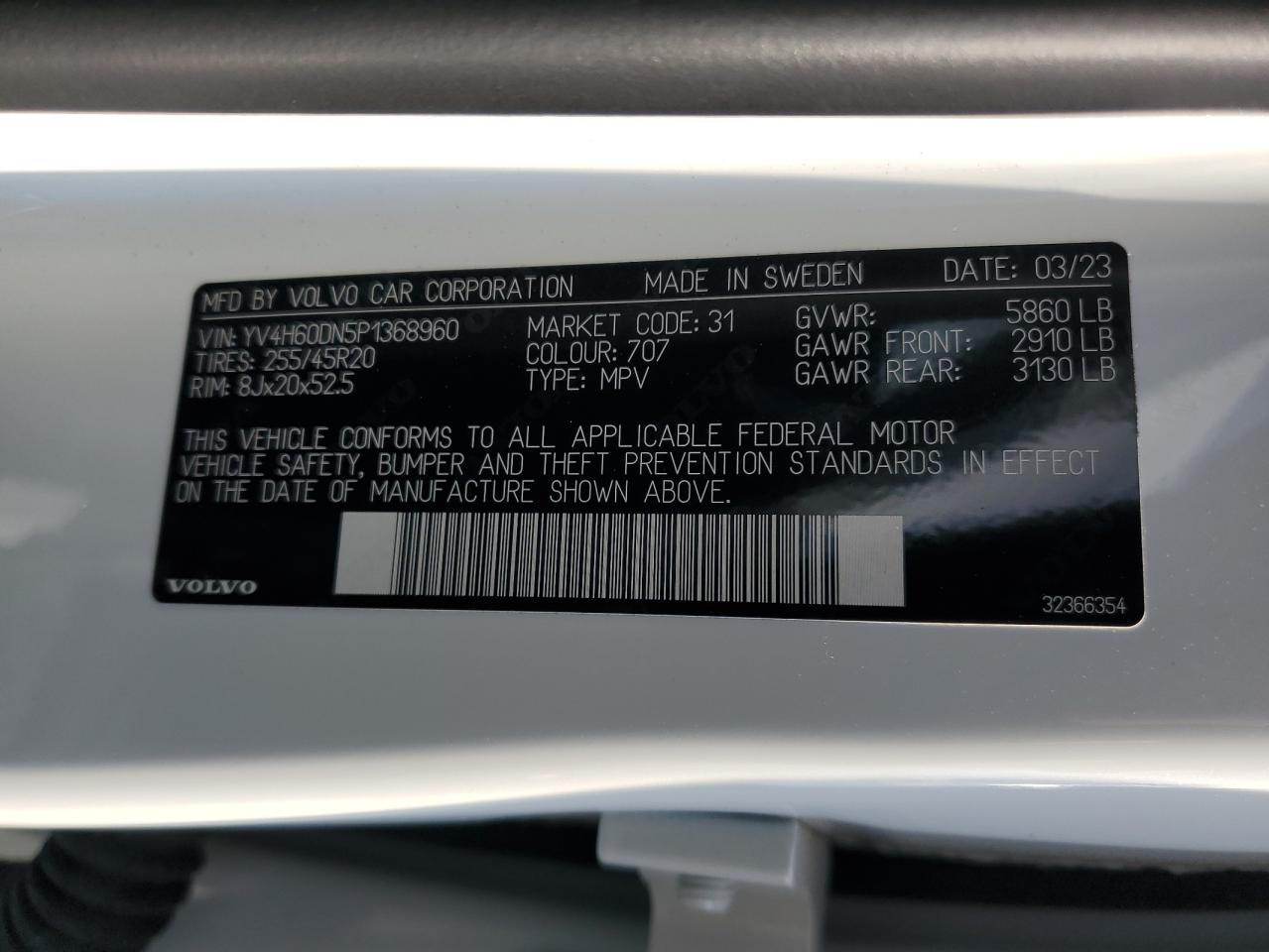 2023 VOLVO XC60 PLUS VIN:YV4H60DN5P1368960