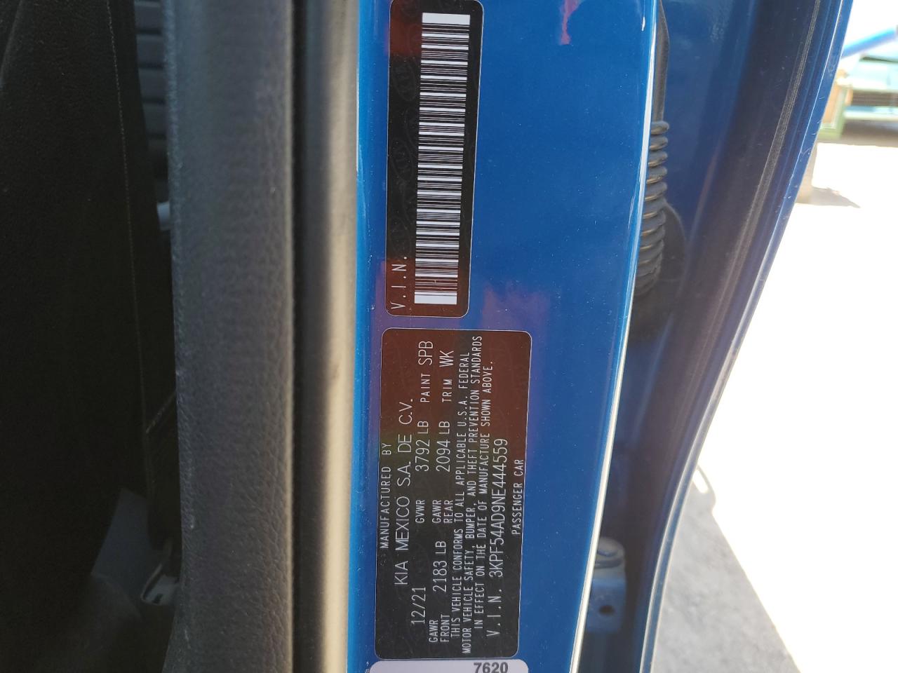 2022 KIA FORTE GT LINE VIN:3KPF54AD9NE444559