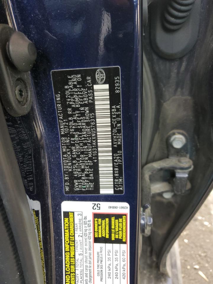 2022 TOYOTA CAMRY NIGHT SHADE VIN:4T1G31AKXNU576315