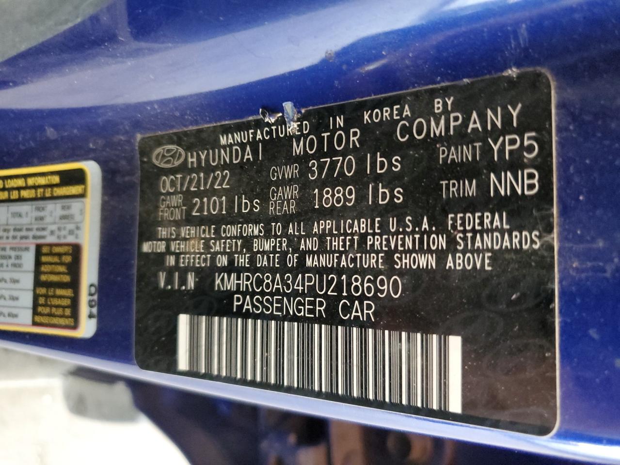 2023 HYUNDAI VENUE SEL VIN:KMHRC8A34PU218690