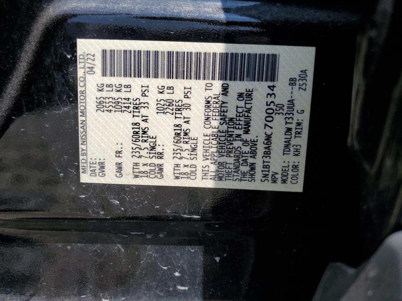 2022 NISSAN ROGUE SV VIN:5N1BT3BA6NC700534
