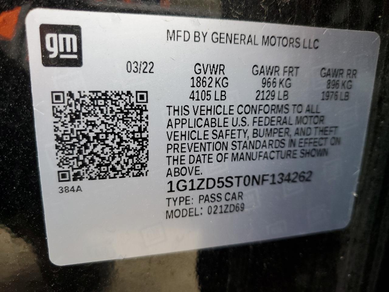 2022 CHEVROLET MALIBU LT VIN:1G1ZD5ST0NF134262