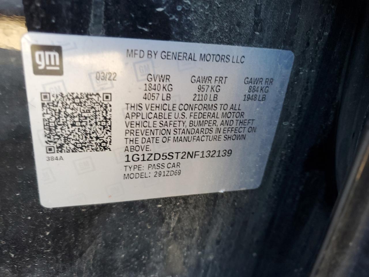 2022 CHEVROLET MALIBU LT VIN:1G1ZD5ST2NF132139