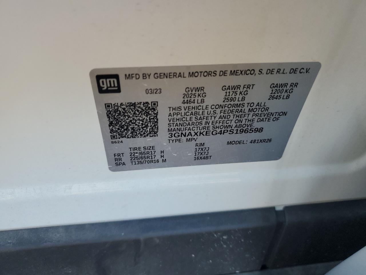 2023 CHEVROLET EQUINOX LT VIN:3GNAXKEG4PS196598