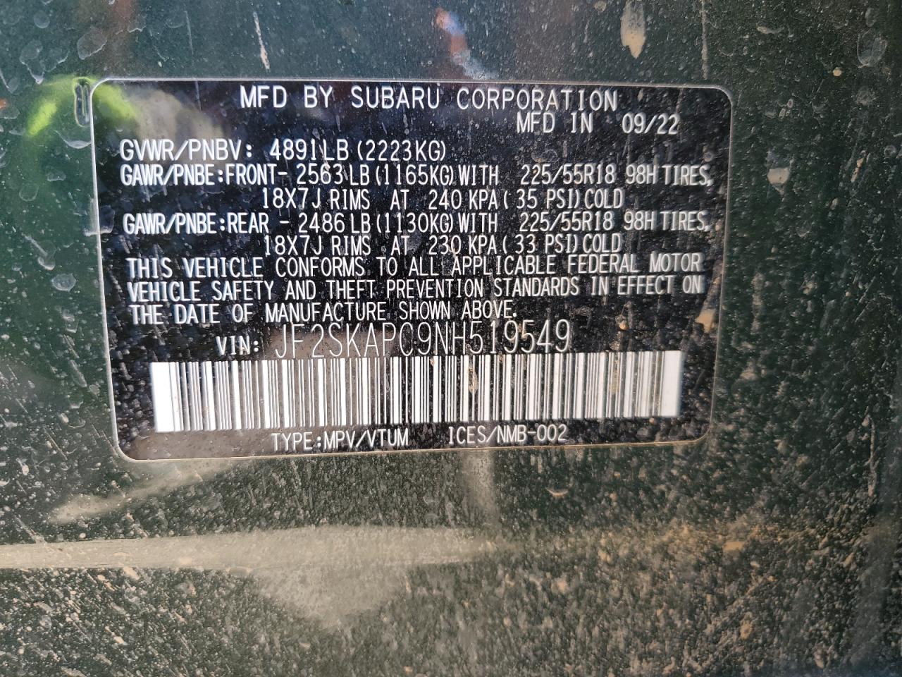 2022 SUBARU FORESTER LIMITED VIN:JF2SKAPC9NH519549