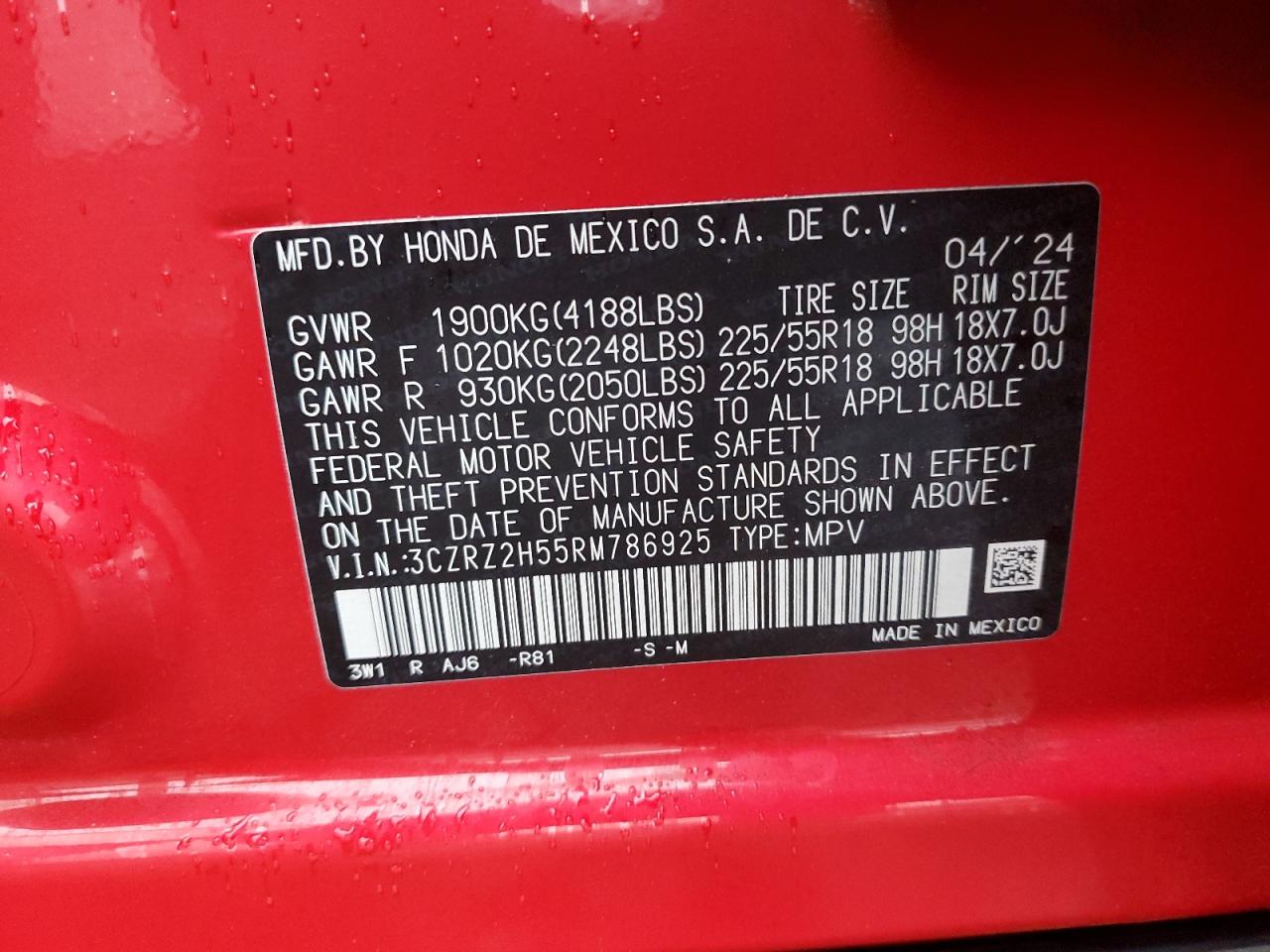 2024 HONDA HR-V SPORT VIN:3CZRZ2H55RM786925
