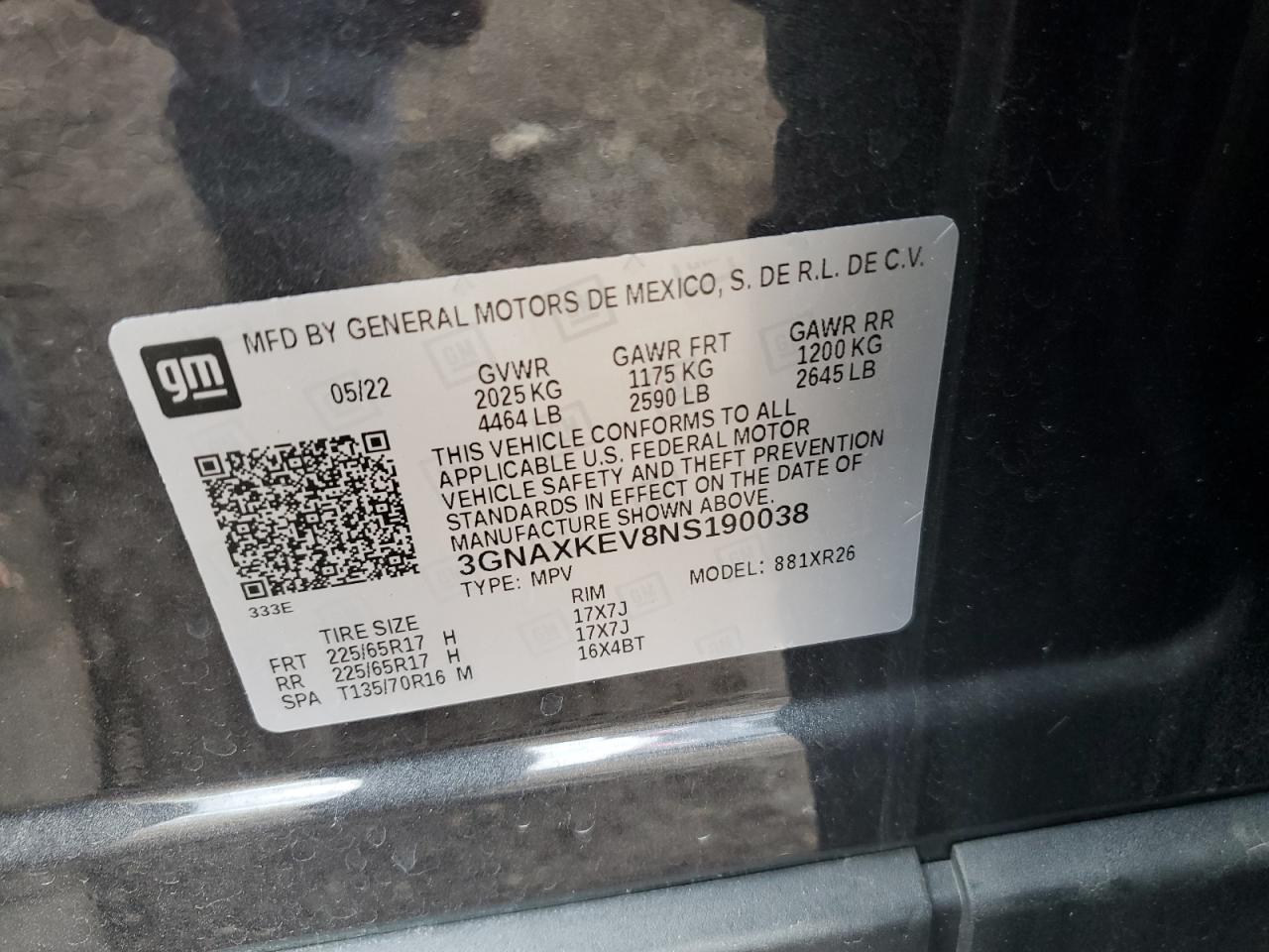 2022 CHEVROLET EQUINOX LT VIN:3GNAXKEV8NS190038