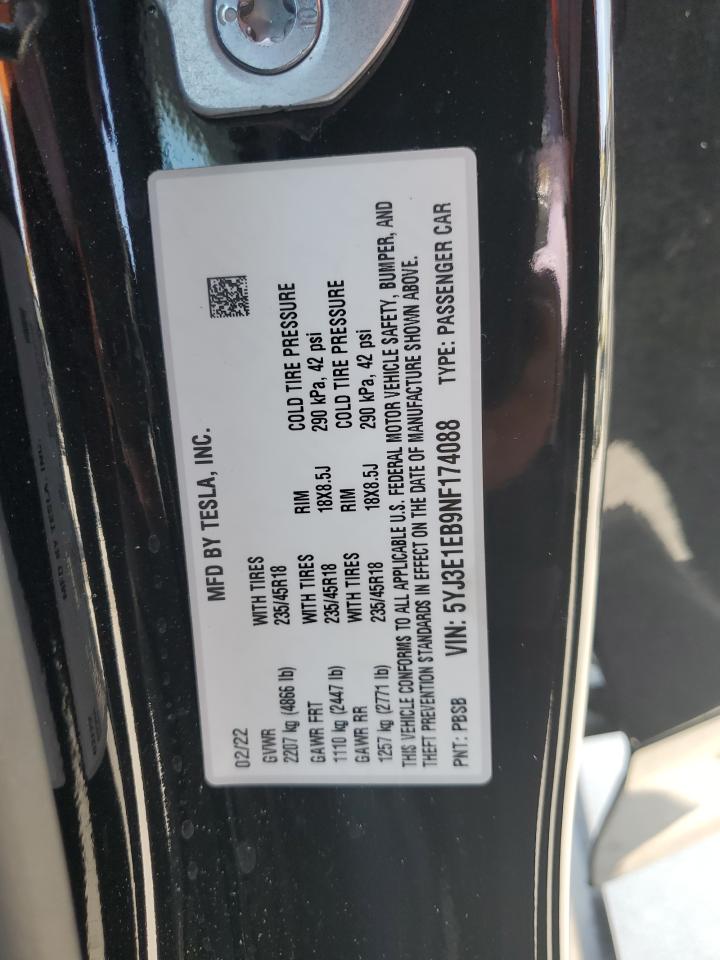 2022 TESLA MODEL 3  VIN:5YJ3E1EB9NF174088