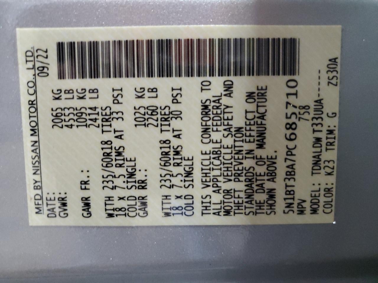 2023 NISSAN ROGUE SV VIN:5N1BT3BA7PC685710