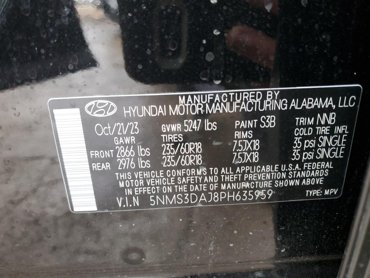 2023 HYUNDAI SANTA FE SEL PREMIUM VIN:5NMS3DAJ8PH635959