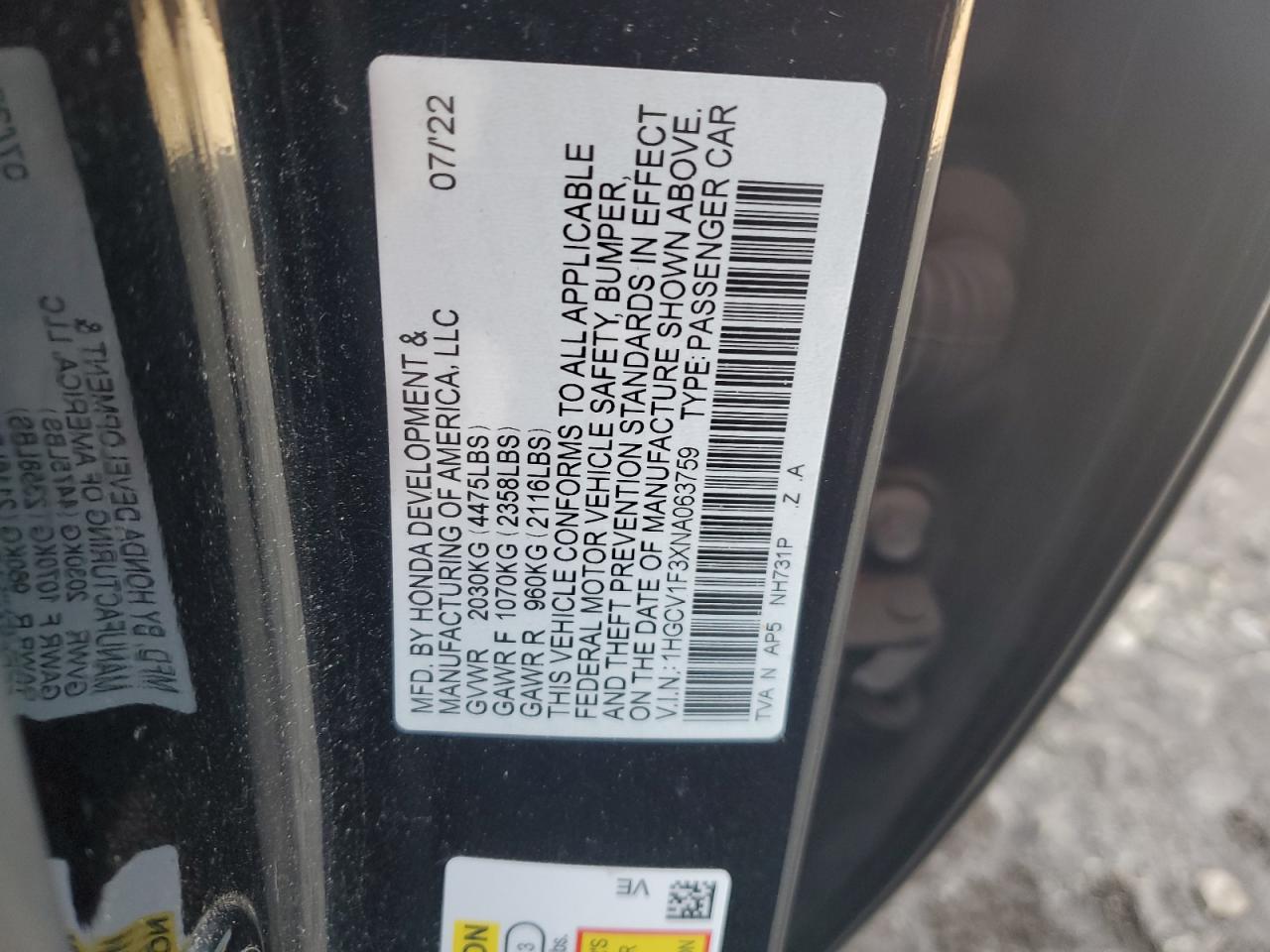 2022 HONDA ACCORD SPORT VIN:1HGCV1F3XNA063759
