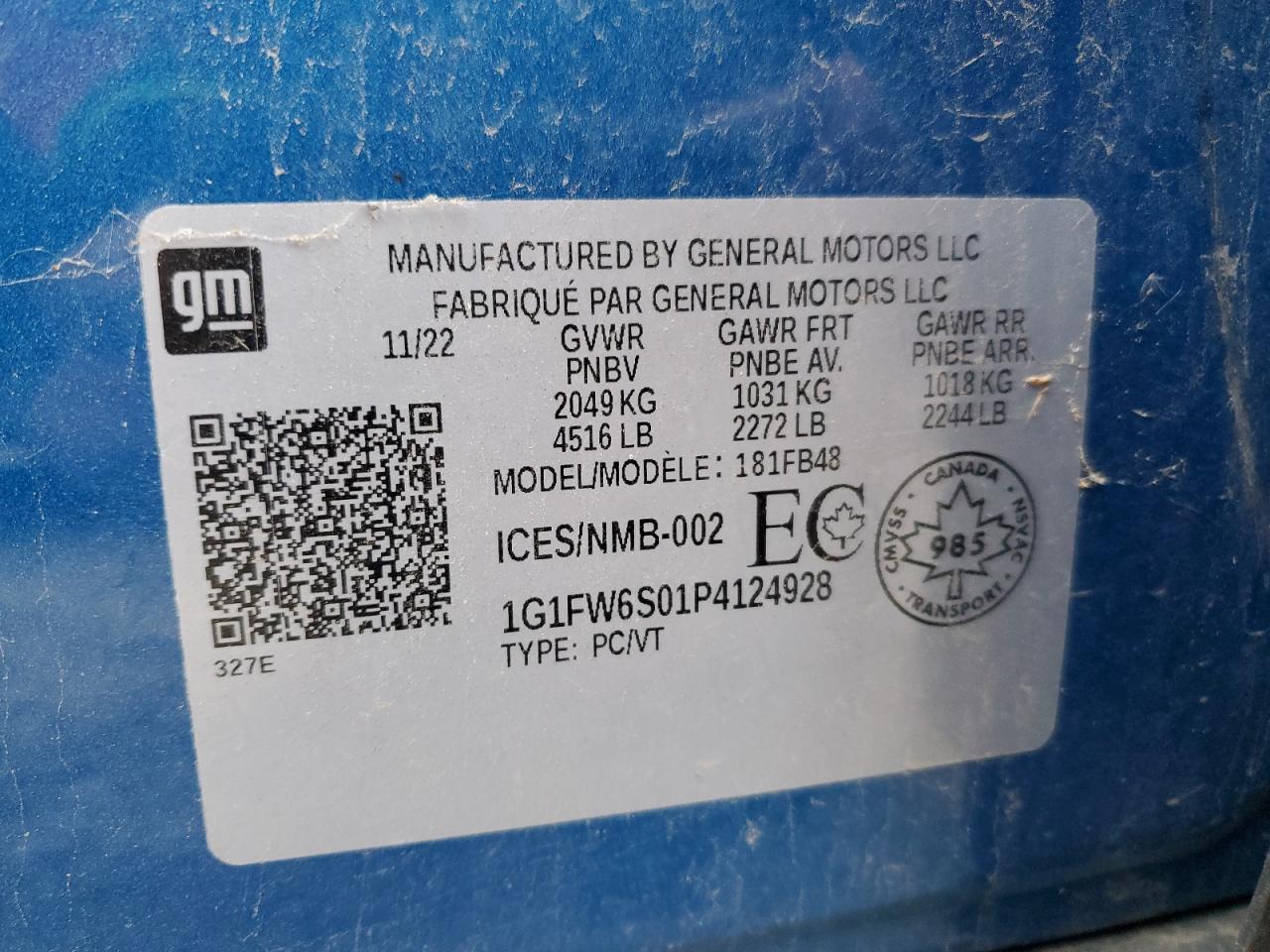 2023 CHEVROLET BOLT EV 1LT VIN:1G1FW6S01P4124928