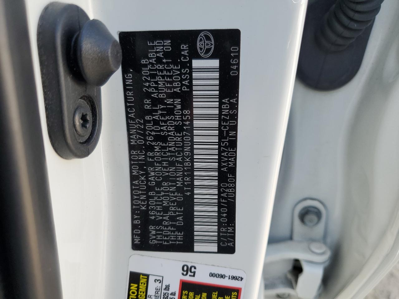 2022 TOYOTA CAMRY LE VIN:4T1R11BK9NU071458